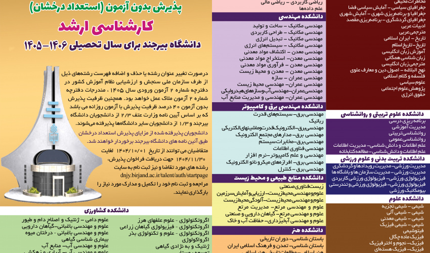 اعلام رشته‌های دارای ظرفیت پذیرش استعدادهای درخشان مقاطع کارشناسی ارشد و دکتری دانشگاه بیرجند برای سال تحصیلی 1405-1406