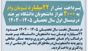 پـرداخت بیش از 22میلیارد تـومان وام  به 2000 نفراز دانشجویان دانشگاه بیرجند‌‌‌درنیمسال اول سال تحصیلی 1405-1404