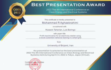 کسب عنوان بهترین مقاله ارئه شده در چهارمین کنفرانس بین المللی انرژی پاک و سیستمهای الکتریکی توسط عضو هیأت علمی دانشگاه بیرجند