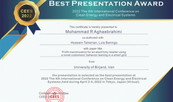 کسب عنوان بهترین مقاله ارئه شده در چهارمین کنفرانس بین المللی انرژی پاک و سیستمهای الکتریکی توسط عضو هیأت علمی دانشگاه بیرجند